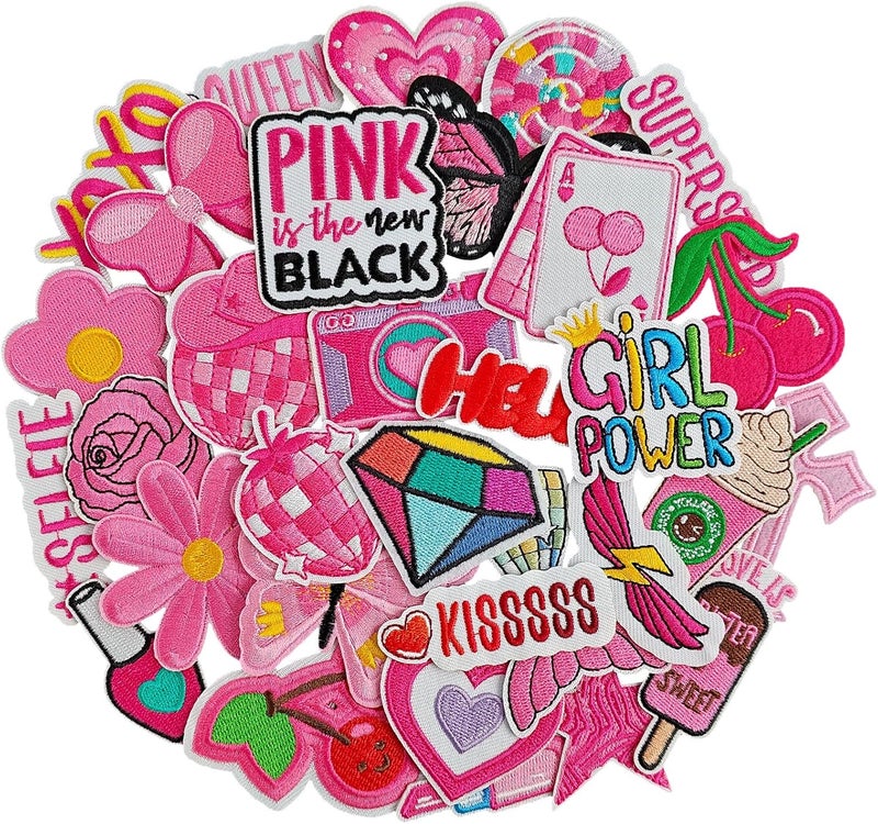 RF-patch 32Pcs Iron on Patches for Women, Embroidered Pink Iron on/Sew on Patches for Clothes, Hats, Jeans, Jacket - Image 1